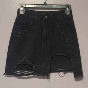 Black Denim Distressed Skirt